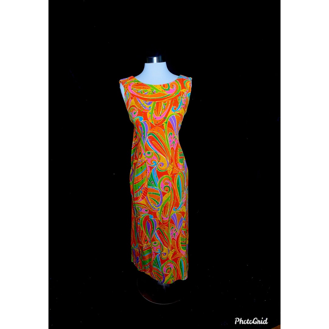 Vintage 1970’s Royal Hawaiian Bright Neon Orange Psychedelic Maxi Dress ...