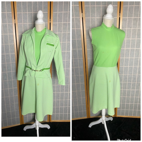 Vintage 1970’s lime green and white houndstooth d… - image 1