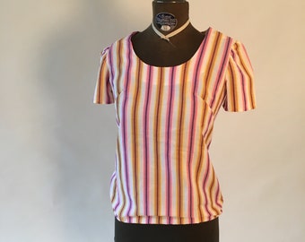 Vintage 1970's Pink, Yellow, Purple Stripe White Shirt, Top, Blouse size small