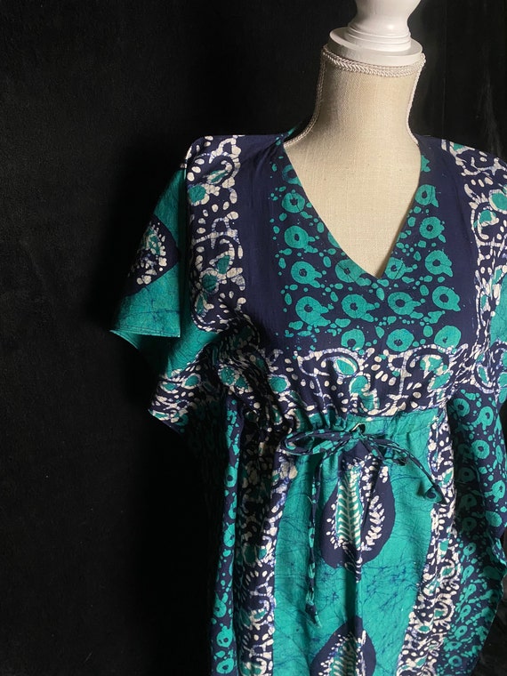 Vintage 1990’s aqua blue and white batik kaftan d… - image 2