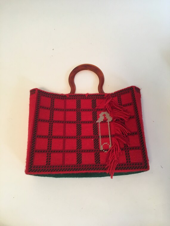 Vintage 1970's Red Plaid Woven Handmade Fringe Saf