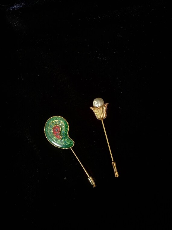Two vintage 1960’s hat pins, or lapel pins, green… - image 1
