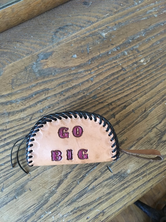 Vintage 1970's Brown Tooled Leather Coin Pouch, Go