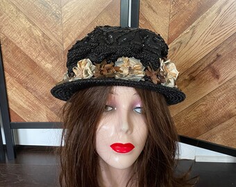 George Zamau\'l Couture Purple Straw‎ Sun Hat Floral Sequin Rhinestone Vintage George Zamau main image 2