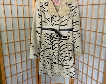 Vintage 1990's bianco finto tigre pelliccia finto Cappotto Suede, Taglia Xs