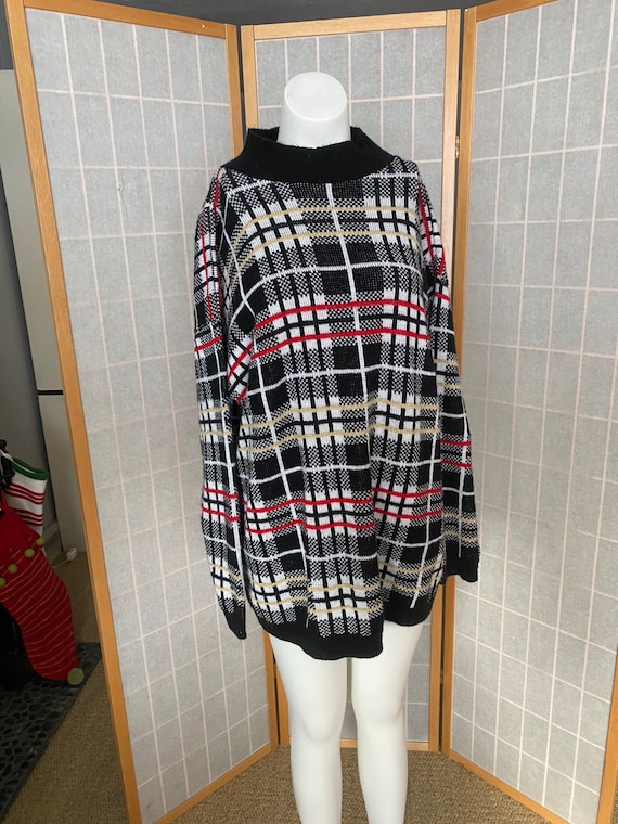 Vintage 1980’s black, red, white, gold plaid pull… - image 1