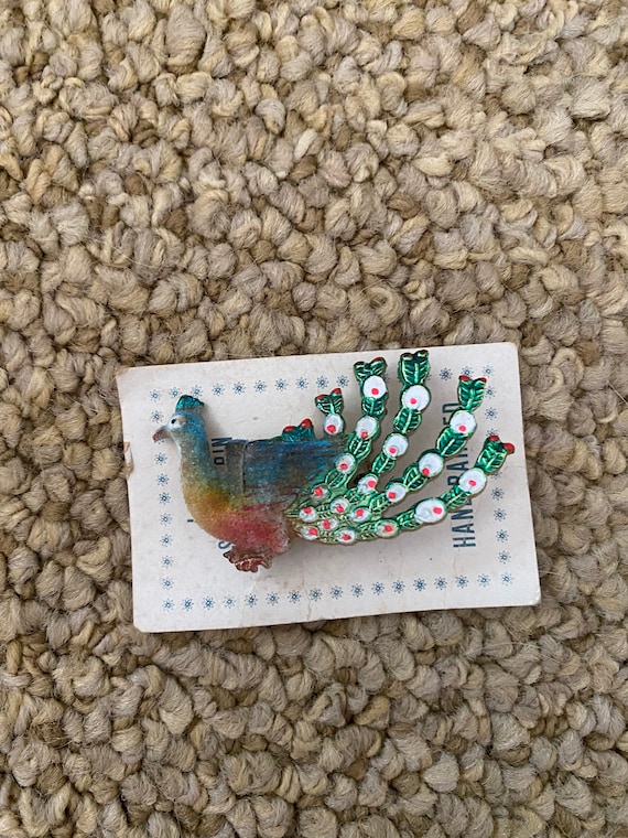 Vintage 1940’s hand painted celluloid peacock pin