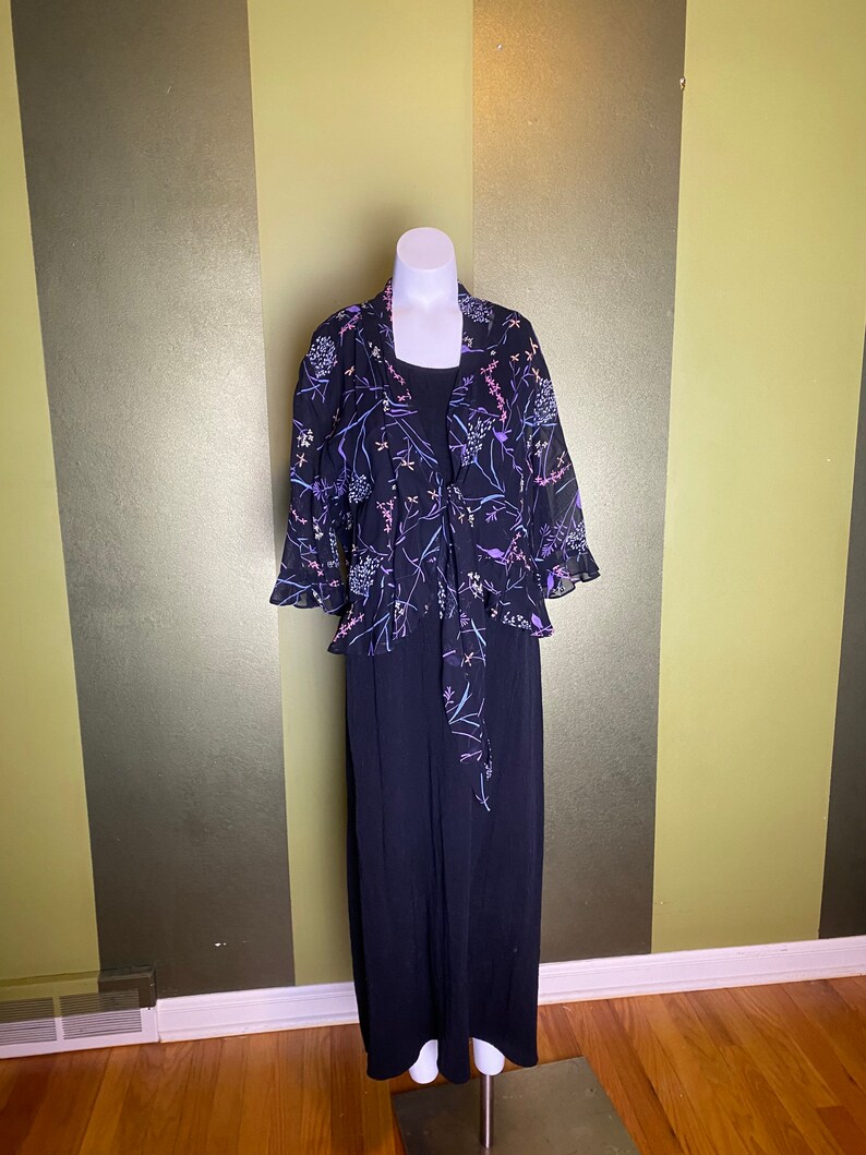 Vintage 1990s Black K Studio Dress With Sheer Black and Purple Floral