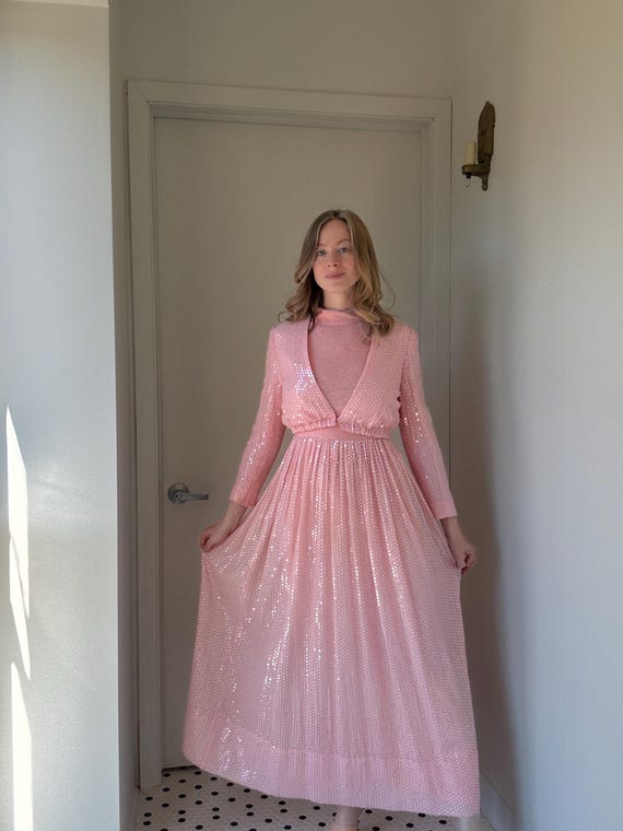 slim fit dress slacks SEQUIN LONG DRESS IN PINK | CULT MIA main image 1