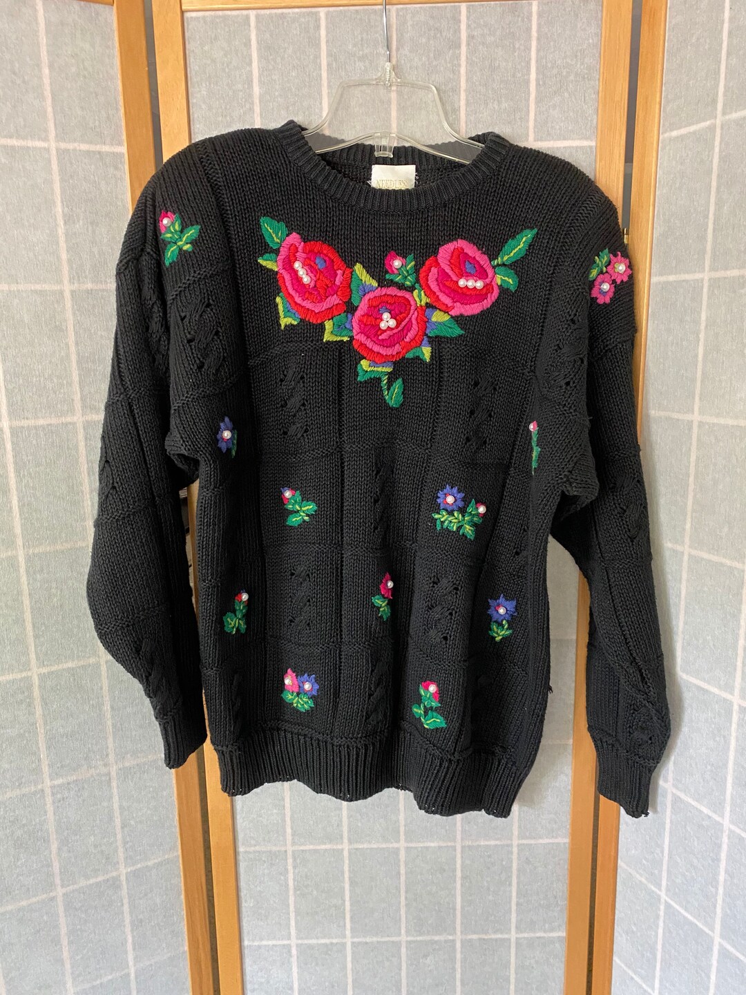 Vintage 1980’s Black Pullover Sweater With Colorful Flower Embroidery ...