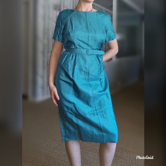Vintage 1960 S Blue Teal Turquoise Silk Wiggle Dress With Belt Size Large Etsy Canada