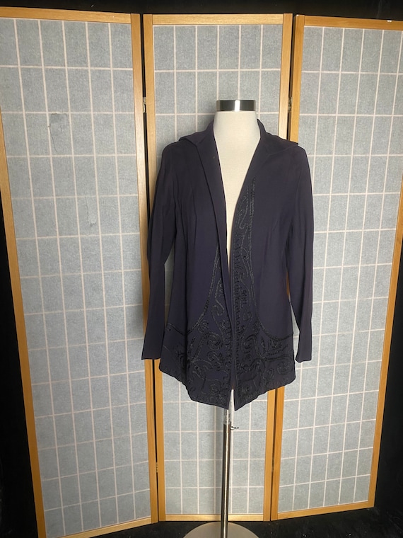 Vintage 1910s Navy Blue Jacket, Textured Black Detail, Small Medium