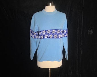 Suéter de esquí de copo de nieve de cuello de tripulación azul vintage de 1970, tamaño mediano