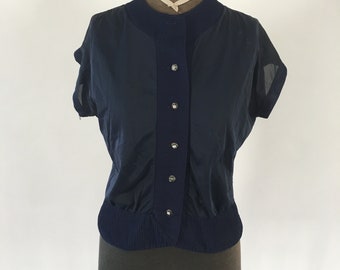Vintage 1950's Navy Blue Sheer Button Up Blouse with Rhinestone Buttons