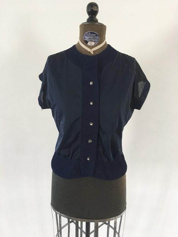 Vintage 1950's Navy Blue Sheer Button Up Blouse w… - image 1