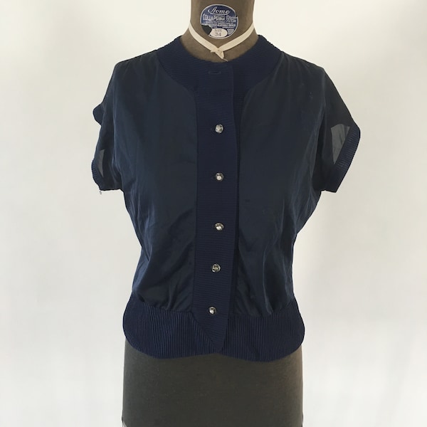 Vintage 1950's Navy Blue Sheer Button Up Blouse with Rhinestone Buttons