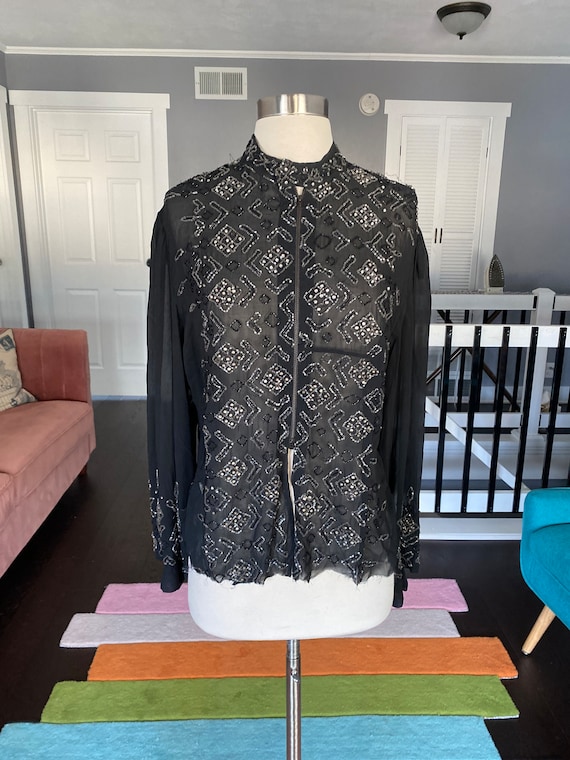 Vintage 1940’s sheer black fully beaded blouse, s… - image 1