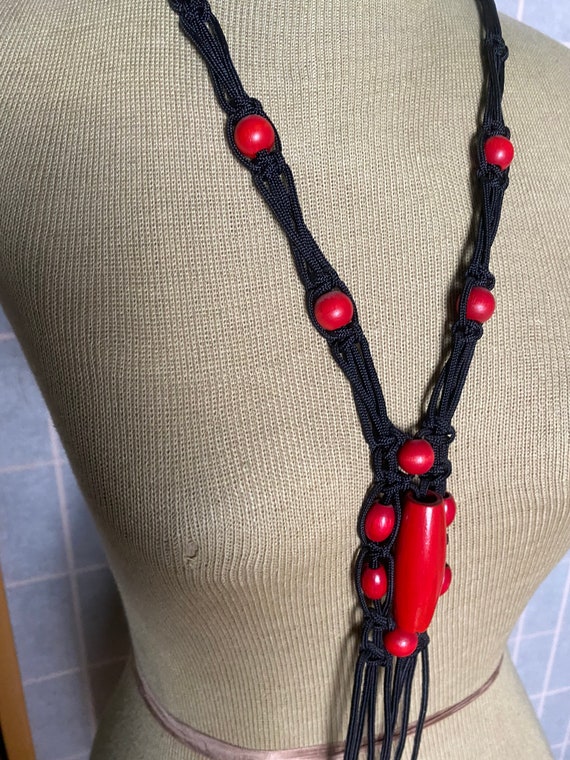 Vintage 1980’s black rope long necklace with red … - image 2