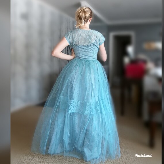 Vintage 1950'S Sky Blue Princess Tulle Lace Prom … - image 4