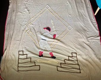 Vintage 1950’s tan baseball themed chenille throw blanket