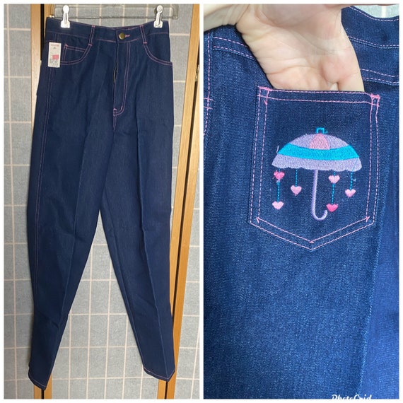 Vintage 1970’s dead stock blue jeans with pink st… - image 1
