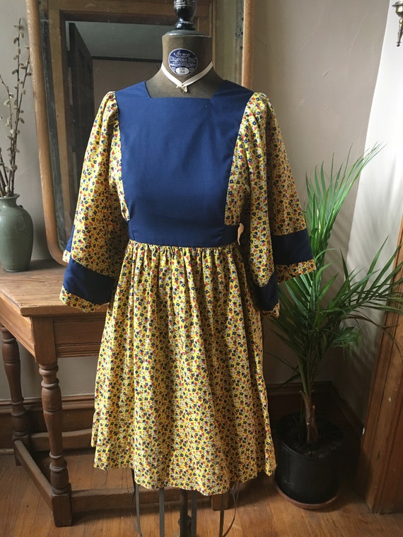 Vintage Yellow and Blue Floral Cotton Smock Dress,
