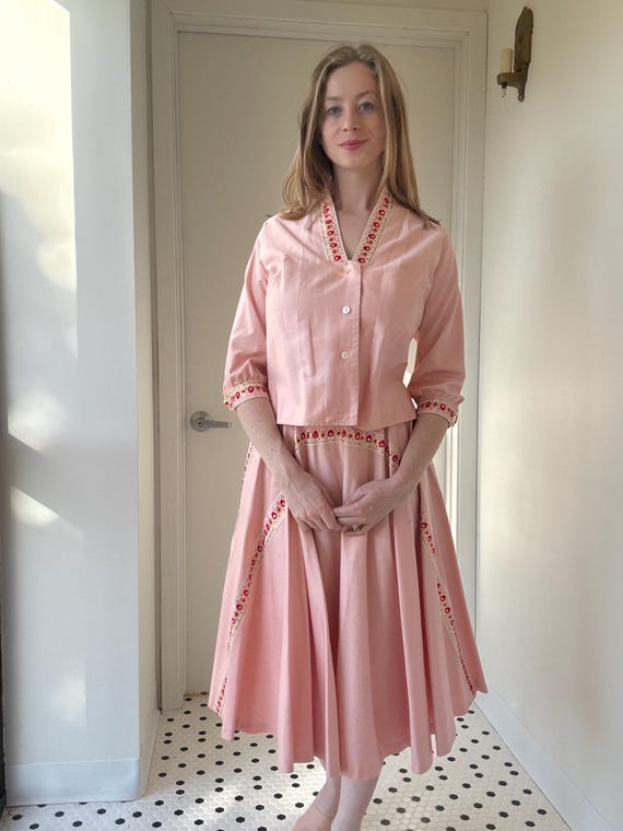 little pink dress vintage Unique Vintage Pink Pin Dot Off The Shoulder Prairie Swing Dress