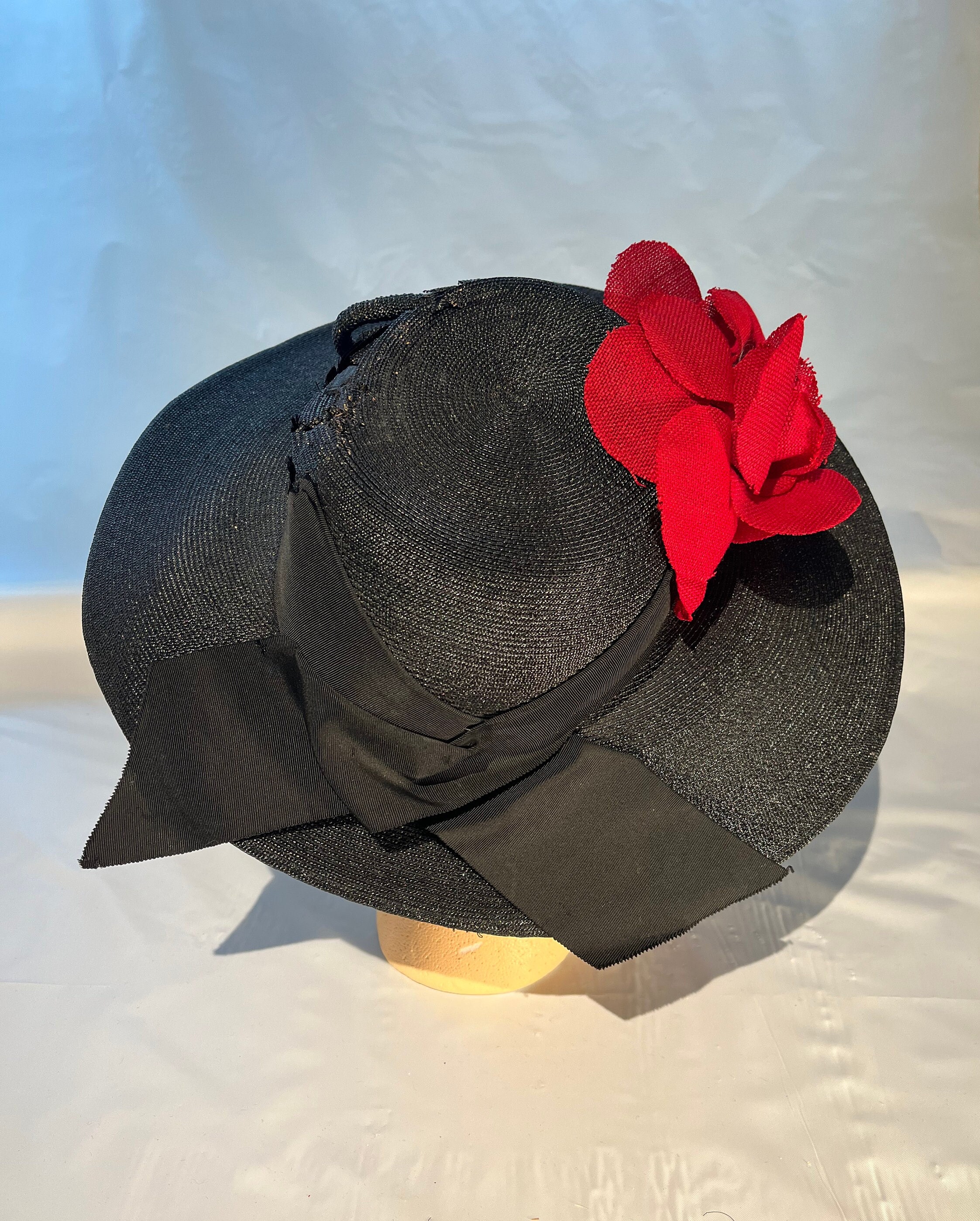 Vintage 1940s Wide Brim Hat With Red Flower, Elastic Chin 