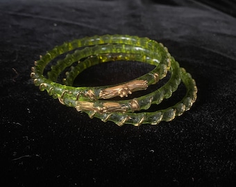 Vintage 1960’s set of 3 green glass bangle bracelets with gold