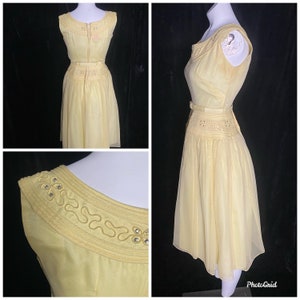 Vintage 1950's Butter Yellow Chiffon and Whinestone Dress, Size XS image 2