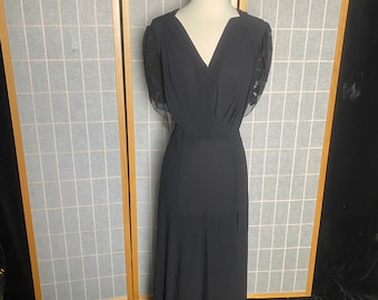 Vintage 1930’s 1940’s black crepe dress with sheer leaf sleeves, size medium large