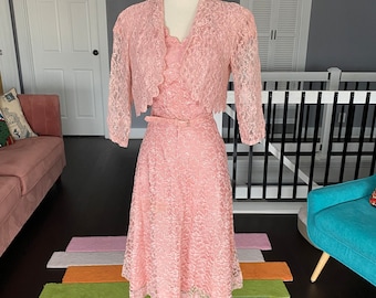 Vintage 1950’s pink lace dress with matching bolero, size large