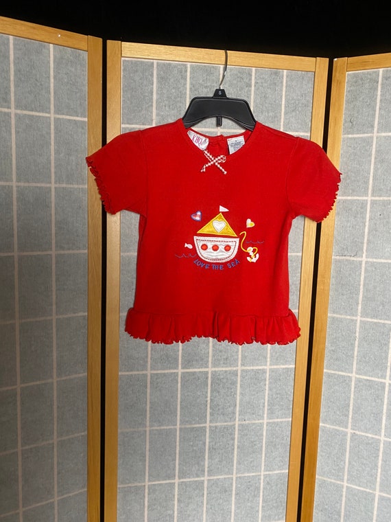 Vintage 1990’s red knit shirt sleeve girls tee wi… - image 1