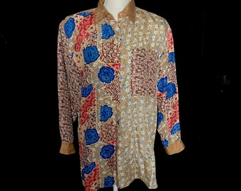 vintage des années 1980 brun, bleu et rouge motif manches longues blouse de soie, taille moyenne