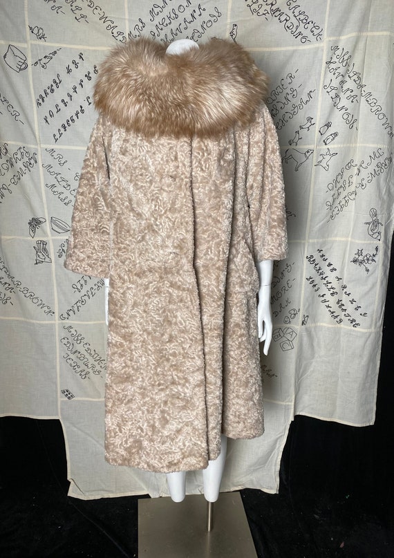 Vintage 1960’s tan faux fur swing coat with fox fu
