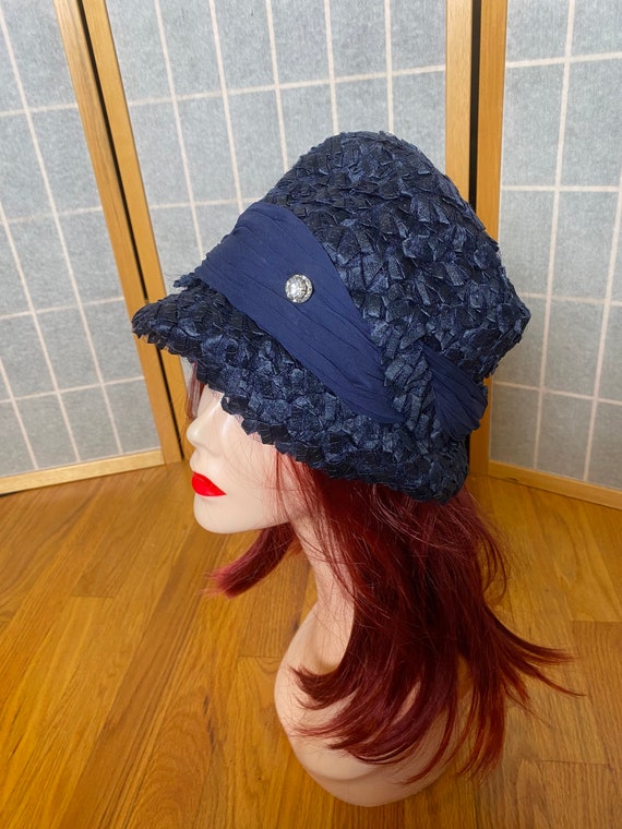 Vintage 1960’s navy blue woven straw and ribbon h… - image 2