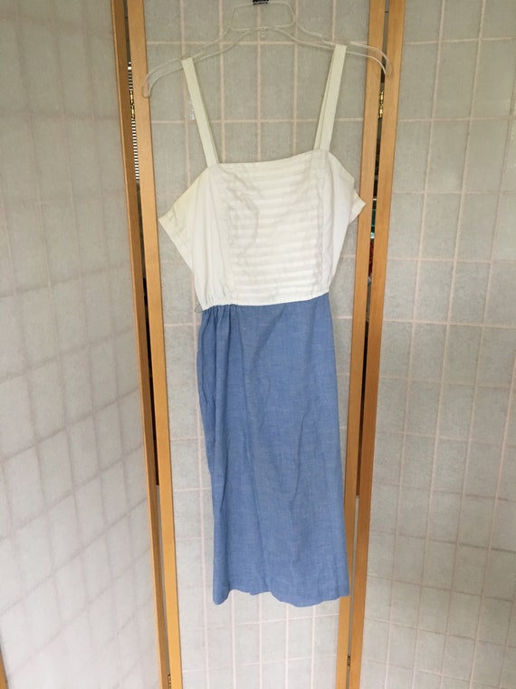 Vintage 1970's White and Blue Chambray Sun Dress … - image 1