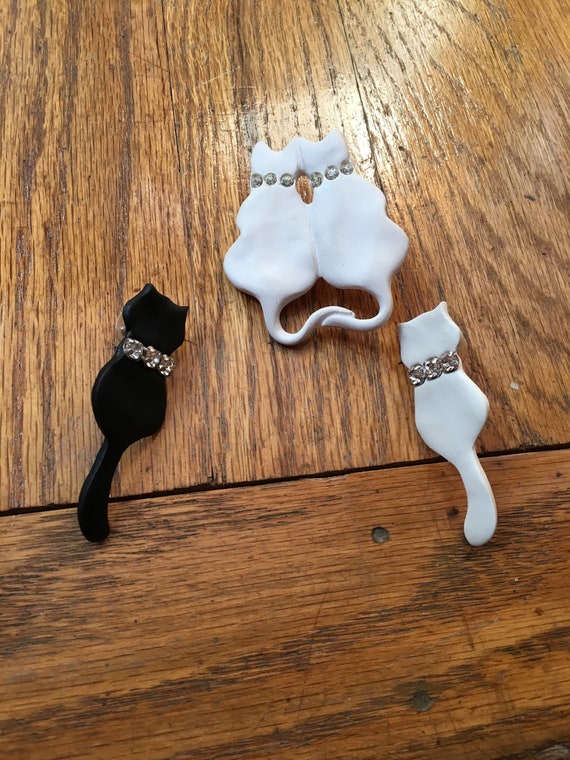 Vintage Black and White Cat Earring and Brooch, Pi