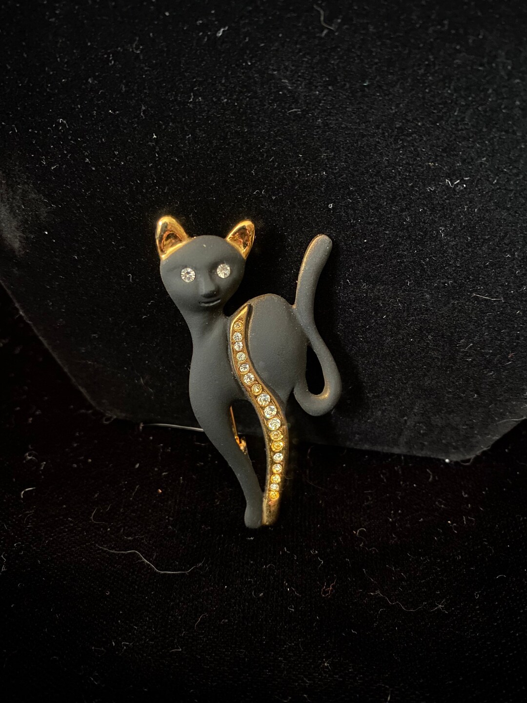 Vintage 1980’s Black Matte and Gold Cat Brooch With Rhinestones - Etsy