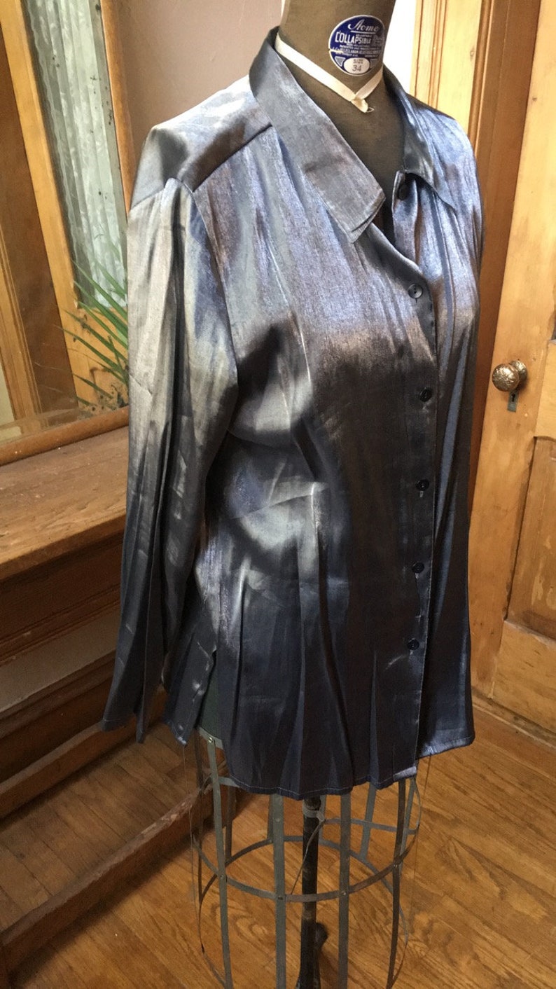 Silver Shiny Long Sleeve Blouse Vintage 1980/'s Black
