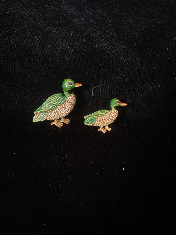 Vintage 1960s Green Enamel Pair of Duck Pins by Gerrys 