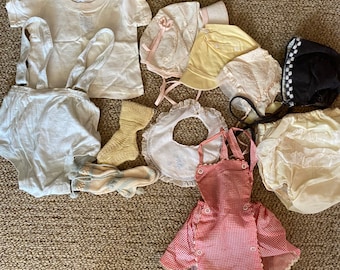 Vintage lot of baby clothes, knit socks, bonnets, outfits, 1950’s