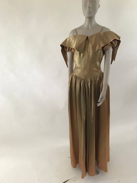 satin dress bustle Vintage 1940s Golden Satin Bustle Dress, Size XS