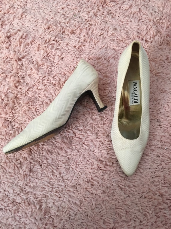 Vintage White Pattern High Heel Shoes by Pancaldi… - image 1