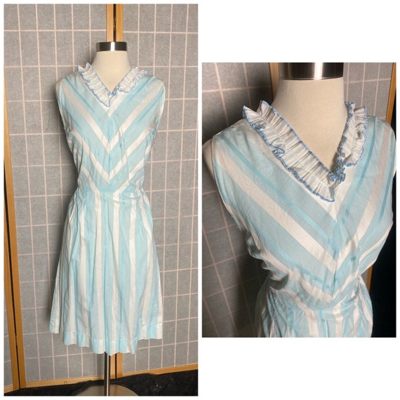 Vintage 1959’s blue and white stripe sleeveless d… - image 1