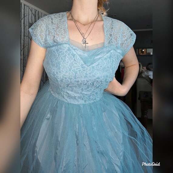 Vintage 1950'S Sky Blue Princess Tulle Lace Prom … - image 3