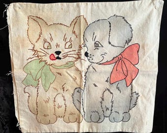 Vintage 1940's Embroidered Throw Pillow Cover With a Dog and Cat