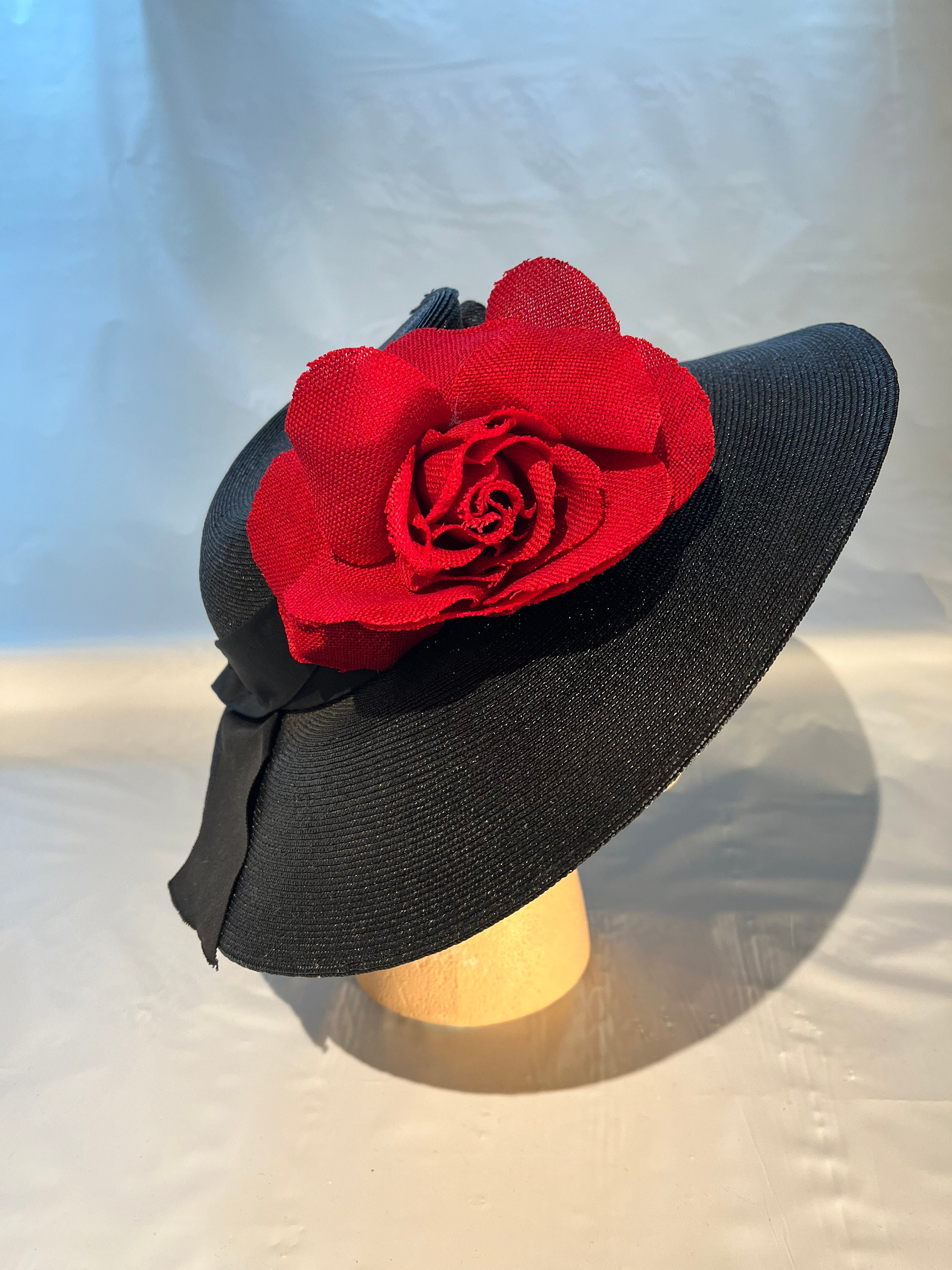 Vintage 1940s Wide Brim Hat With Red Flower, Elastic Chin 