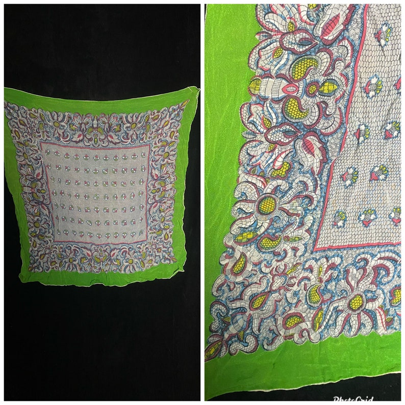 Vintage 1950s semi sheer lime green, white, pink and blue floral stretchy square scarf image 1