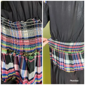 Vintage 1940s black dress with colorful plaid waist and puffy sleeves, size xs small image 9